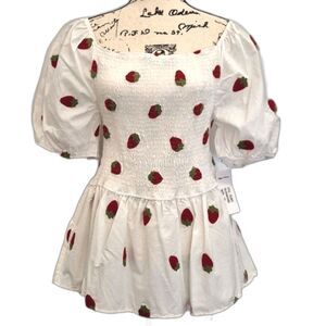 Smocked Milkmaid Style Top 3X Puff Sleeve Strawberry Embroidery by Hippie Nomad